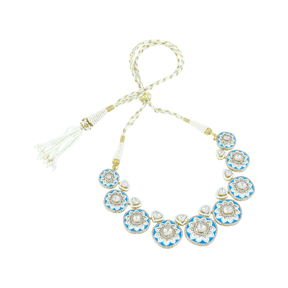 Blue Enamel Polki Necklace with Flower Motifs & Diamond Halos